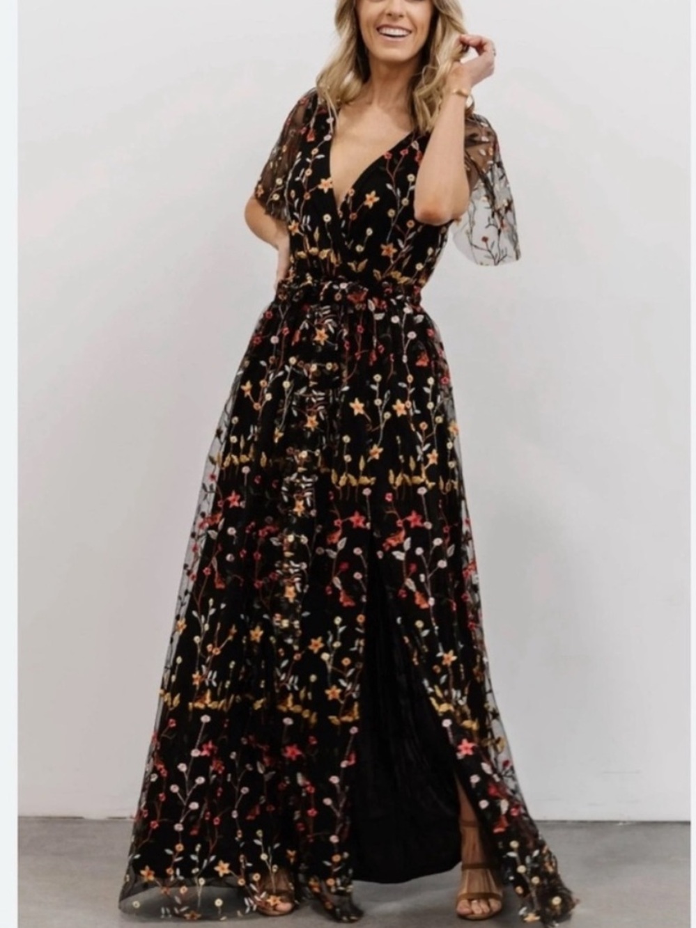 Baltic Born Black Floral Embroidered Maxi Dress with Red and Gold Accents